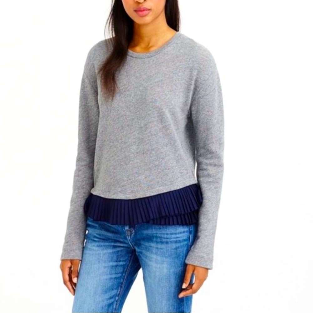 J. Crew Grey Sweater Pleated Ruffle Hem Navy Blue Women’s Size Large